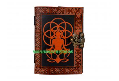 Orange With Black Celtic Design Embossed Leather Meditating Buddha 120 Pages Diary Journal